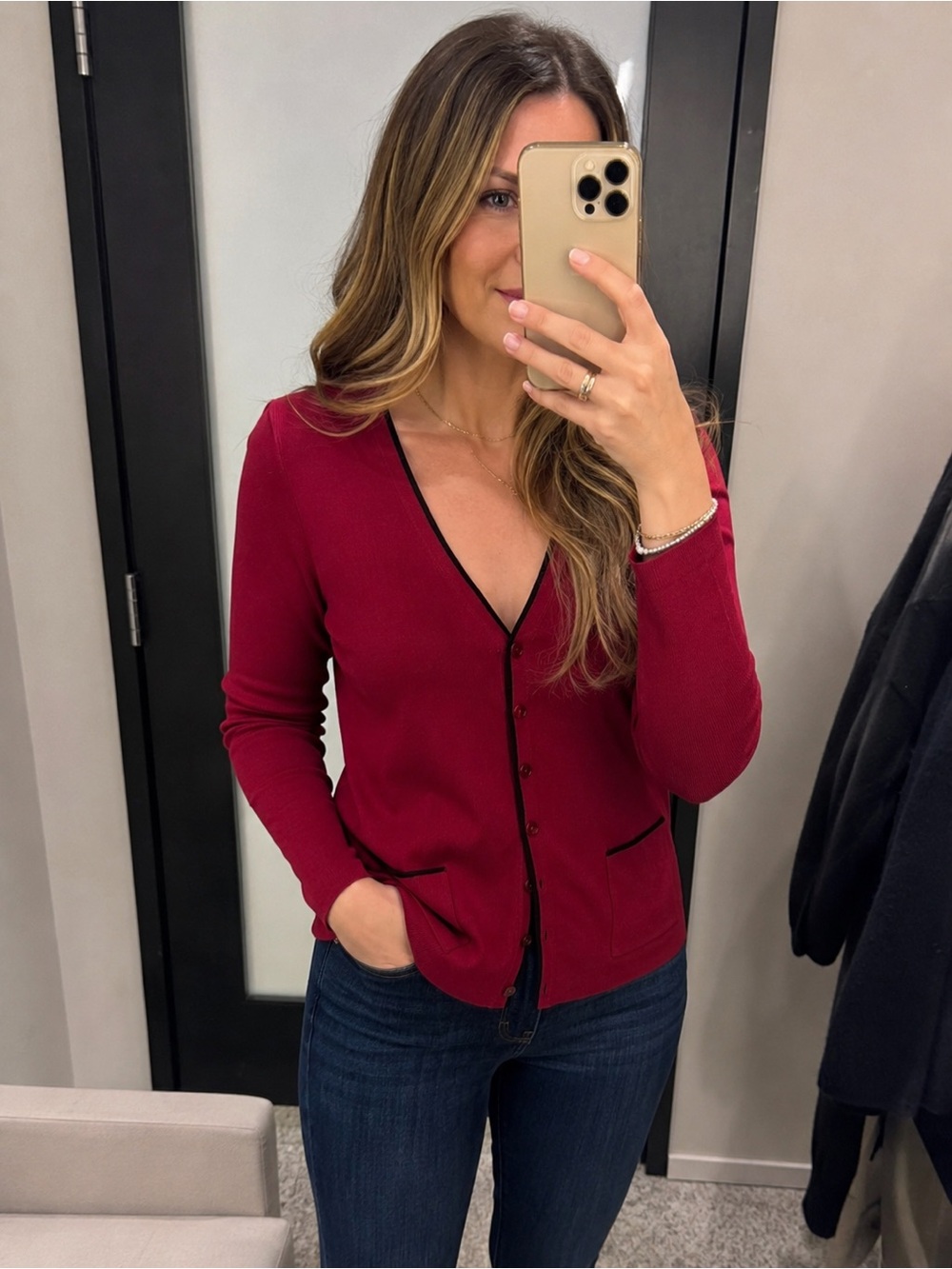 Ann Taylor LOFT Red Black Trim V-Neck Cardigan Sweater Size Small